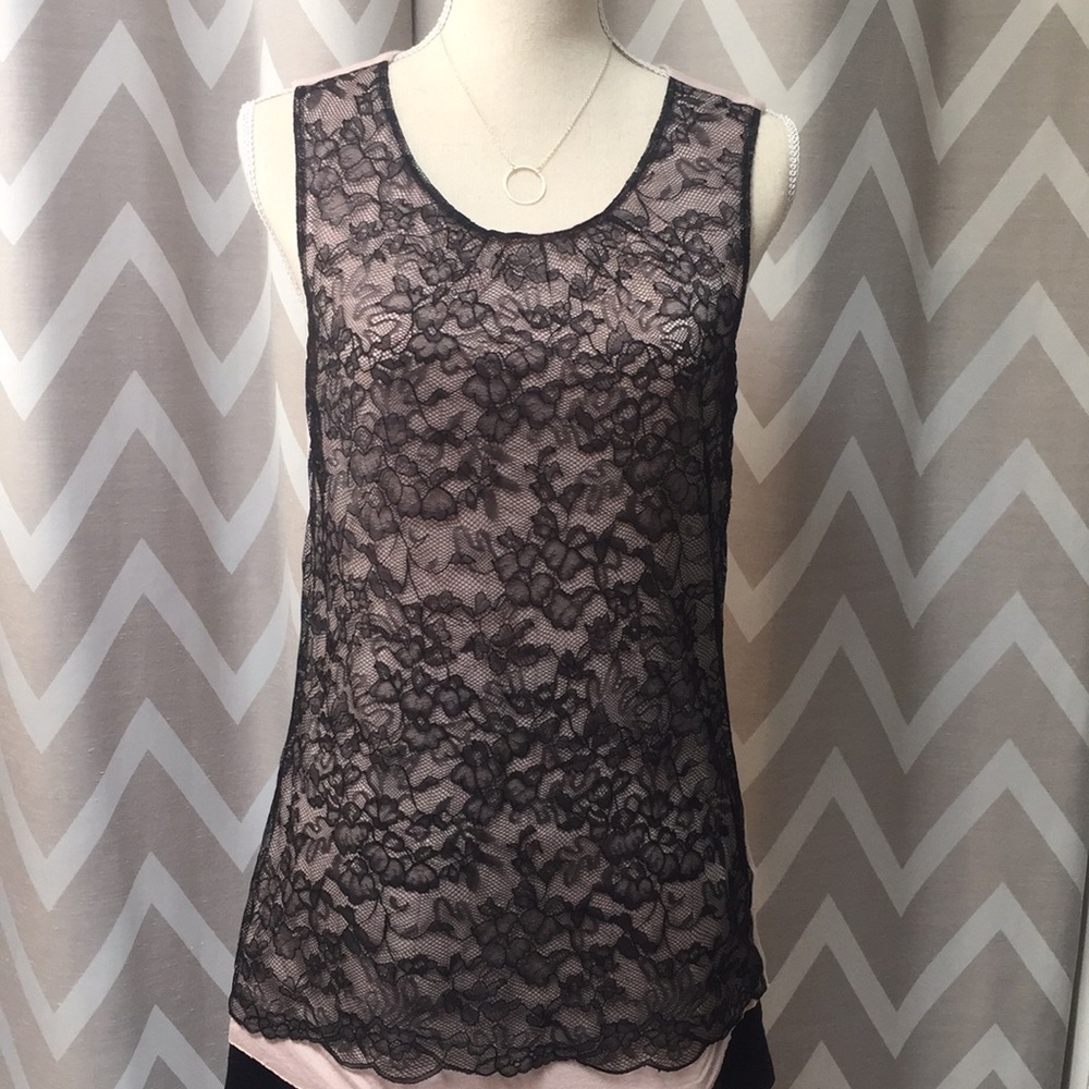 Anthropologie Velvet by Graham & Spencer Black Lace Overlay Mesh Tank Blouse